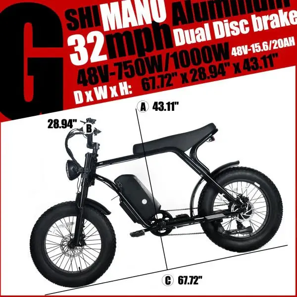 1000W Off-Road Electric Mountain Bike — 48V 20Ah Removable Battery, 45 MPH, 20x4.0 Tires, Shimano 7-Speed