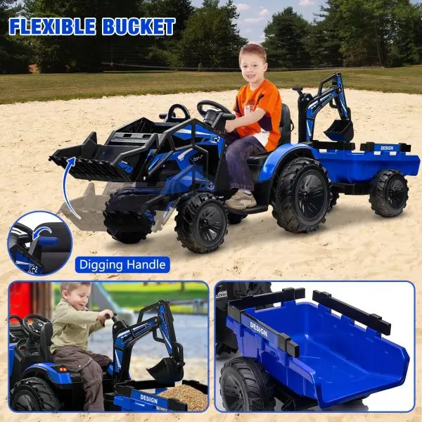 24V 3-in-1 Ride-On Tractor Toy – Excavator, Bulldozer & Tractor Functions with Remote, LED Lights & Bluetooth Audio (Blue)