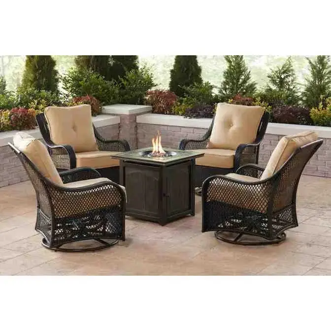 5-Piece Steel Fire Pit Patio Set – Square Table with Swivel Glider Chairs & Navy Blue All-Weather Cushions
