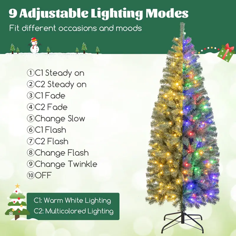 6.5-Foot Blue Slim Pencil Christmas Tree – Pre-Lit with 200 Warm White & Multicolor LEDs, 9 Lighting Options, 556 Branch Tips 2