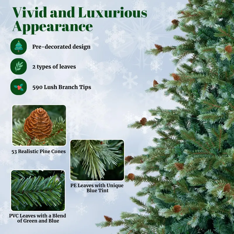 6-Foot Hinged Full-Profile Artificial Christmas Tree – Pine-Style Design with 240 Warm White LEDs