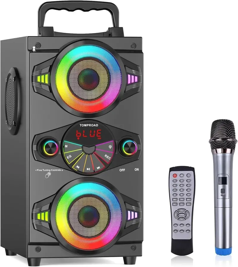 60W Portable Bluetooth Party Speaker – Outdoor Boombox Featuring Deep Bass, Dynamic LED Lights, FM Radio, Mic Input, and Remote