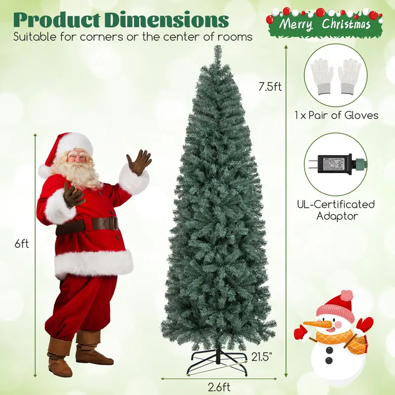 7.5-Foot Blue Slim Pencil Christmas Tree – Pre-Lit Design with 250 Warm White & Multicolor LEDs, 9 Modes, 724 Branch Tips