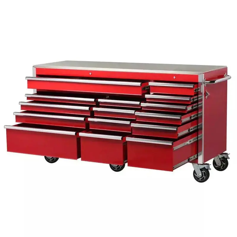 72" Professional Rolling Tool Cabinet – 15-Drawer Stainless Steel Workstation with Dual Security Locks, Red