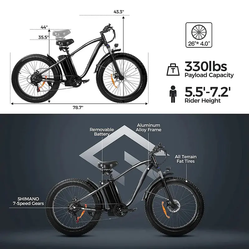 750W Electric Mountain Bike — 48V/15Ah Removable Battery, Dual Hydraulic Disc Brakes, Shimano 7-Speed Drivetrain, Matte Black Finish