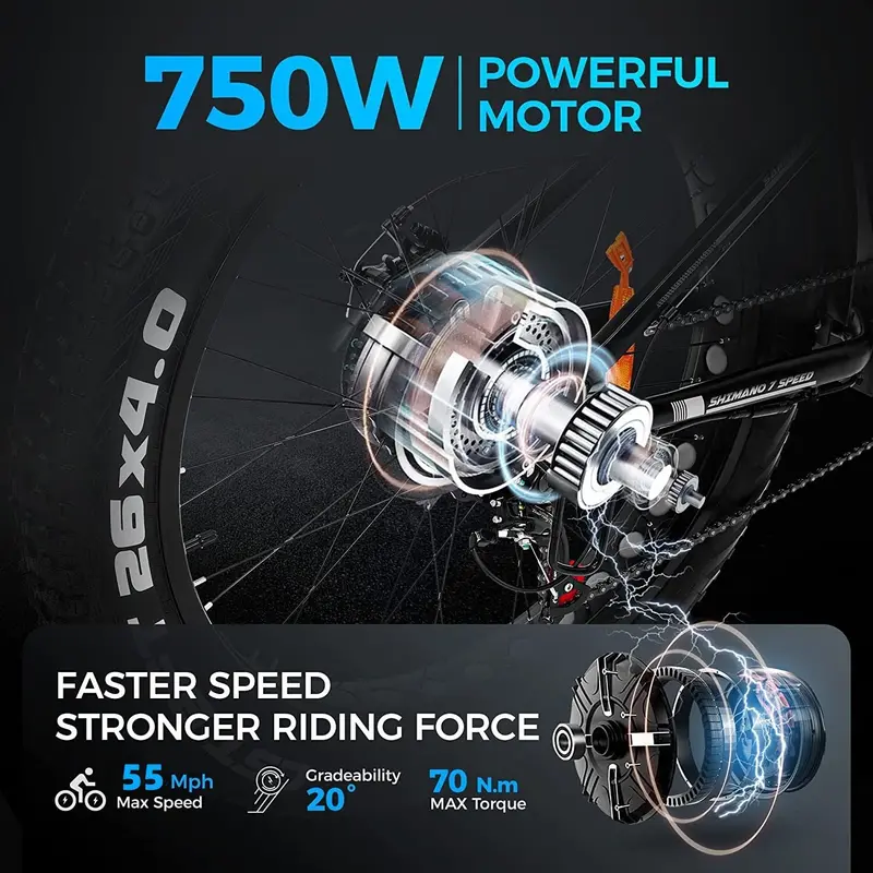 750W Electric Mountain Bike — 48V/15Ah Removable Battery, Dual Hydraulic Disc Brakes, Shimano 7-Speed Drivetrain, Matte Black Finish