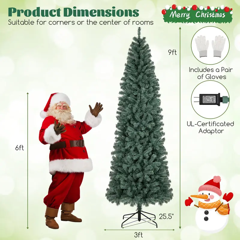 9-Foot Blue Slim Pencil Christmas Tree – Pre-Lit with 500 Warm White & Multicolor LEDs, 9 Lighting Modes, 1168 Branch Tips