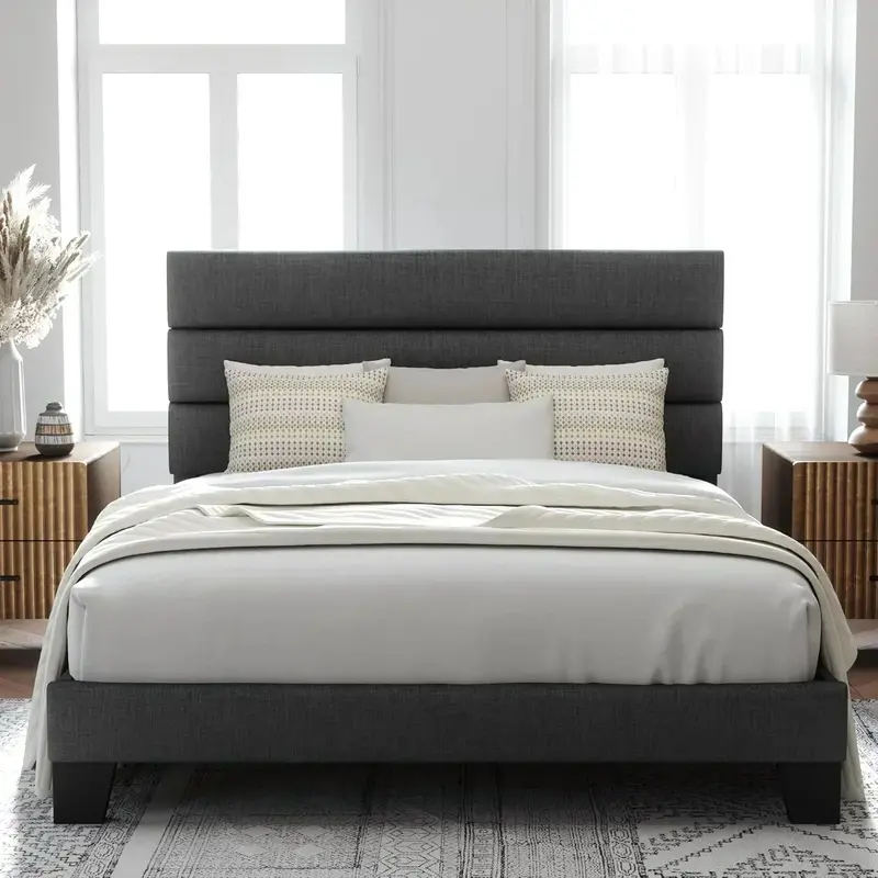 Allewie King-Size Platform Bed Frame – Velvet-Upholstered Headboard with Reinforced Solid Wood Slats