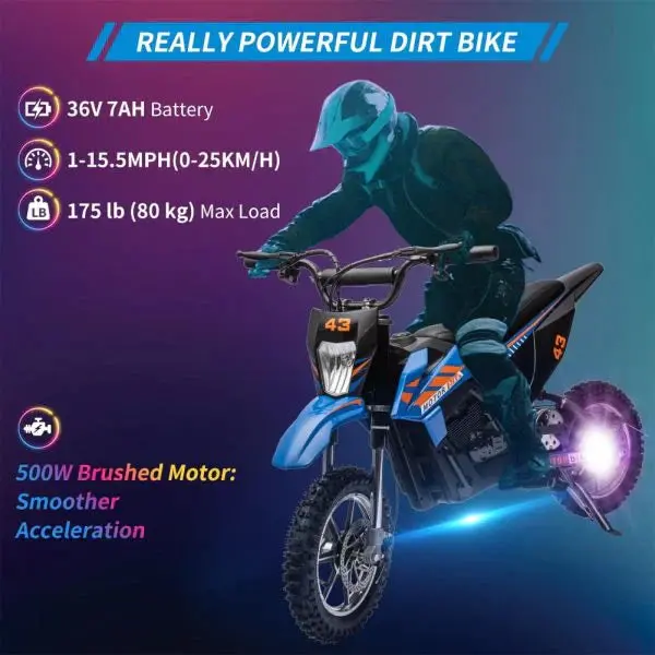 Blue 36V Kids' Electric Dirt Bike – High-Torque Drive, LED Display & Safety Braking System