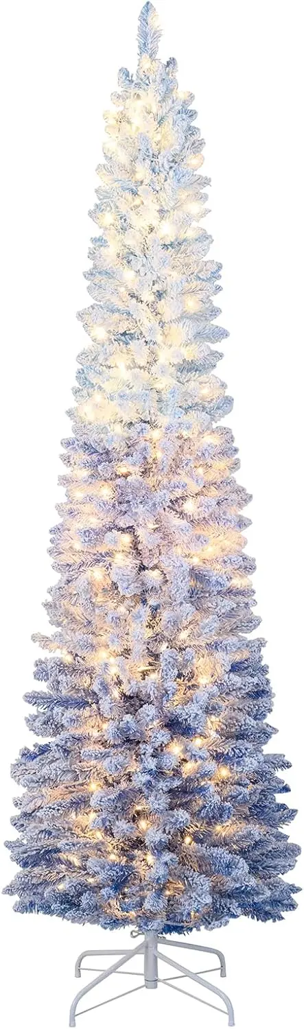 Blue Gradient Snow-Flocked Christmas Tree – 6’ or 7’ with Integrated Warm White LED Lighting