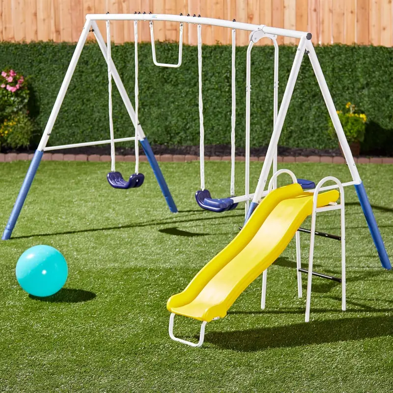 Blue Ridge Backyard Swing Set – Sturdy A-Frame Metal Playset Featuring Glider, Trapeze, Dual Swings, and Integrated Slide 2