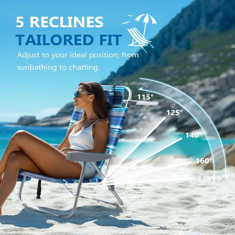 Blue Stripe Tall Aluminum Beach Chairs (2-Pack) – Lay-Flat Design with Cooler Pouch, Towel Bar & Smartphone Holder