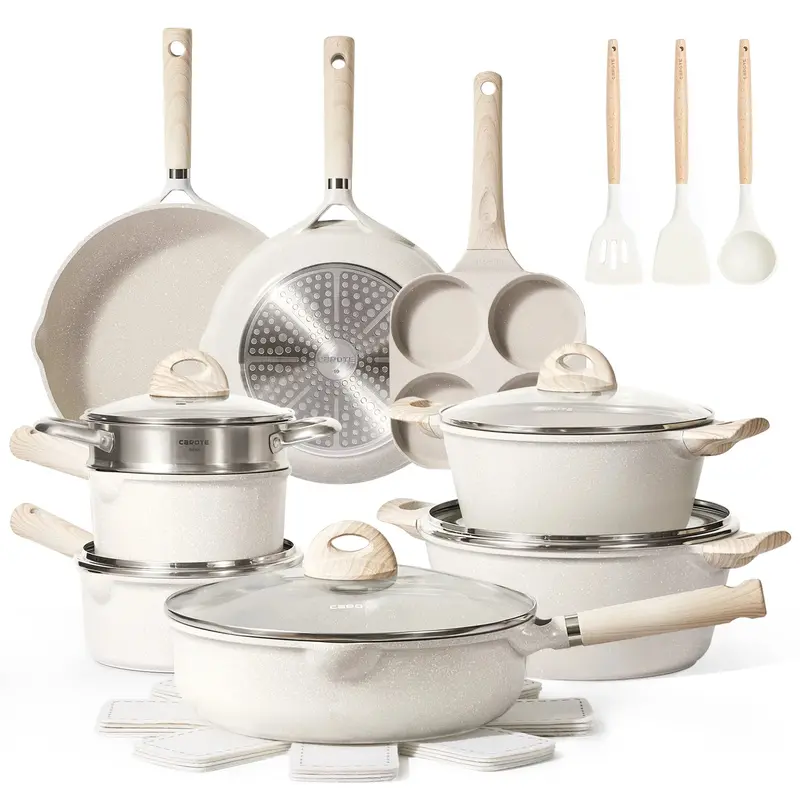 Carote 21-Piece Granite Nonstick Cookware Set — Eco-Conscious Coating, Induction-Compatible, Beige Design