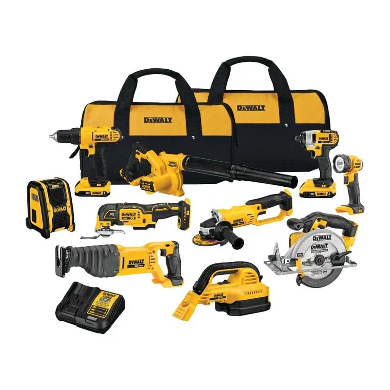 DEWALT 20V MAX 10-Piece Power Tool Combo Kit – Includes Batteries, Charger, Drill, Impact Driver, Blower, Flashlight, Speaker, Grinder, Saw, and Vacuum