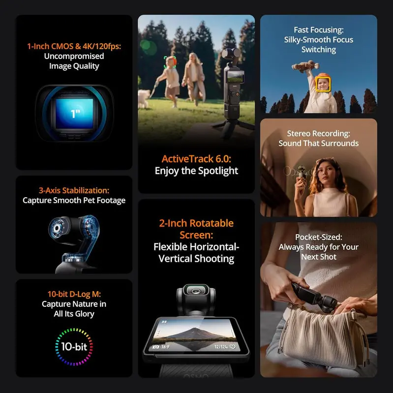 DJI Osmo Pocket 3 Creator Combo – 4K/120fps Vlog Camera Featuring Advanced Gimbal Stabilization and External Mic Support