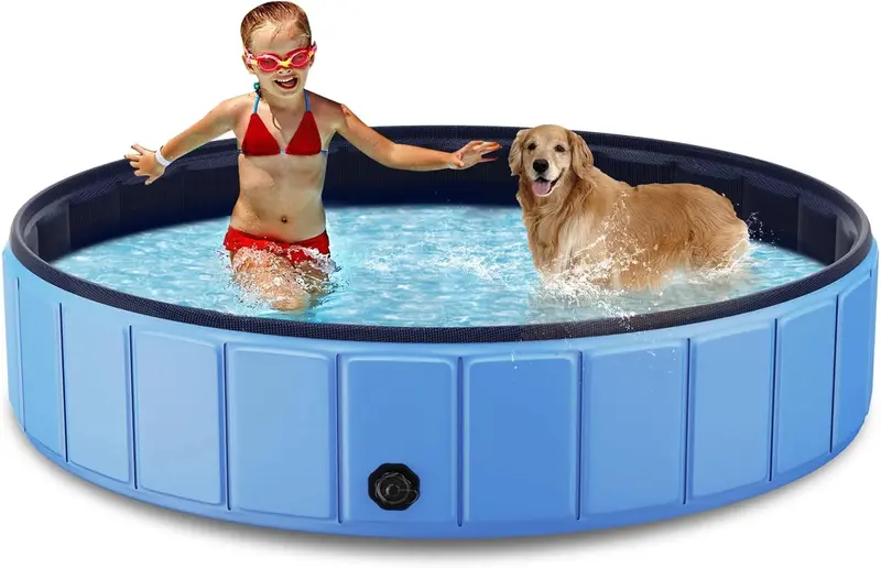 Extra-Large Foldable Dog Pool – 120" x 20" Leak-Resistant Hard-Plastic Pet Swimming Tub with PVC Reinforcement (Blue)