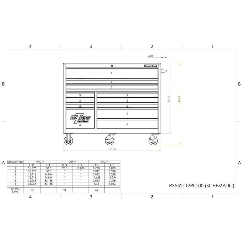 Extreme Tools THD Series 55-Inch Blue Tool Cabinet – 12-Drawer Professional Roller Chest Featuring Precision Ball-Bearing Slides