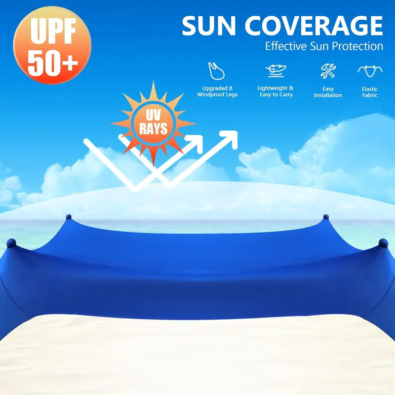Heavy-Duty 10' x 10' Beach Canopy Tent – UPF50+ Sun Shelter with Sandbags, Reinforced Stability Poles & Corrosion-Resistant Frame (Blue)