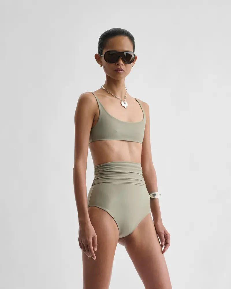 High-Waisted Fold-Down Bikini Bottoms In Light Sage Polyamide