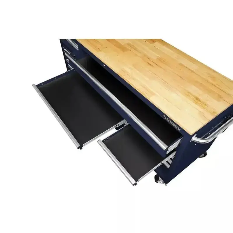 Husky 72" Heavy-Duty Mobile Workbench – 18-Drawer Rolling Cabinet with Solid Wood Top, Gloss Blue