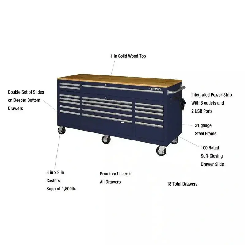 Husky Professional 72-Inch Rolling Workbench – Gloss Blue Finish, Solid Wood Surface, 18-Drawer Tool Organization