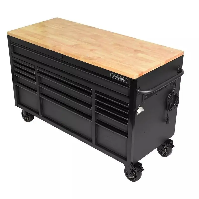 Industrial-Grade 61" Mobile Tool Cabinet – 15-Drawer Steel Base & Durable Solid Wood Countertop