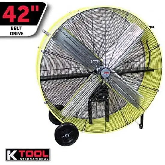 K Tool International 42-Inch Belt-Drive Drum Fan – Industrial Garage Fan with Dual-Speed Control, Safety Shutoff, and Mobility Wheels