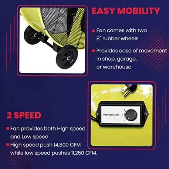 K Tool International 42-Inch Belt-Drive Drum Fan – Industrial Garage Fan with Dual-Speed Control, Safety Shutoff, and Mobility Wheels