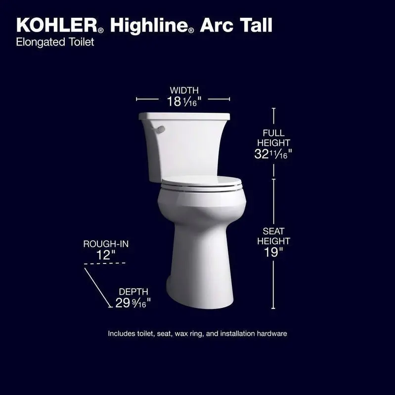 KOHLER Highline Arc Extra-Tall Elongated Toilet – Single-Flush Efficiency, White Finish, Includes Premium Soft-Close Seat (Model 78305-0)