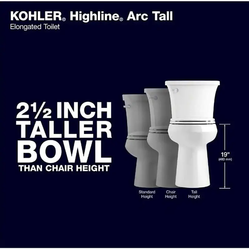 KOHLER Highline Arc Tall-Height Elongated Toilet – Water-Saving 1.28 GPF Design, White Ceramic Construction with Matching Seat (78305-0)