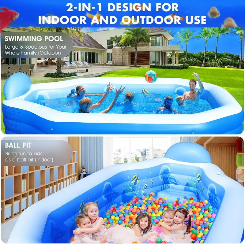 Large Canopy Inflatable Family Pool – Blow-Up Swimming Pool with Integrated Seats and Ergonomic Backrests (118" × 75" × 22", Deep Blue)