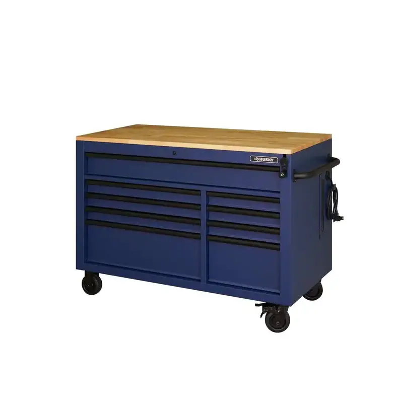 Matte Blue 52-Inch 9-Drawer Mobile Workbench – Heavy-Duty Rolling Station with Adjustable Solid Wood Work Surface