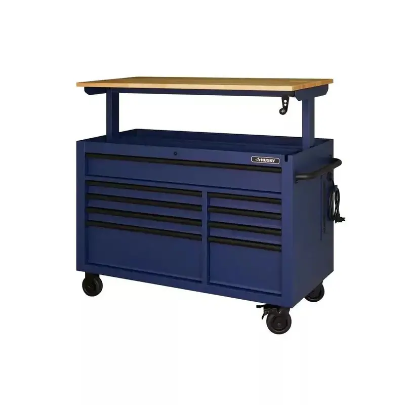 Matte Blue 52-Inch Adjustable Mobile Workbench with 9-Drawer Storage and Solid Wood Surface