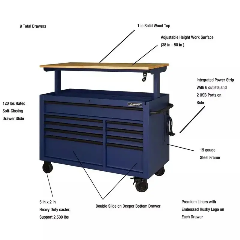 Matte Blue 52-Inch Adjustable Mobile Workbench with 9-Drawer Storage and Solid Wood Surface