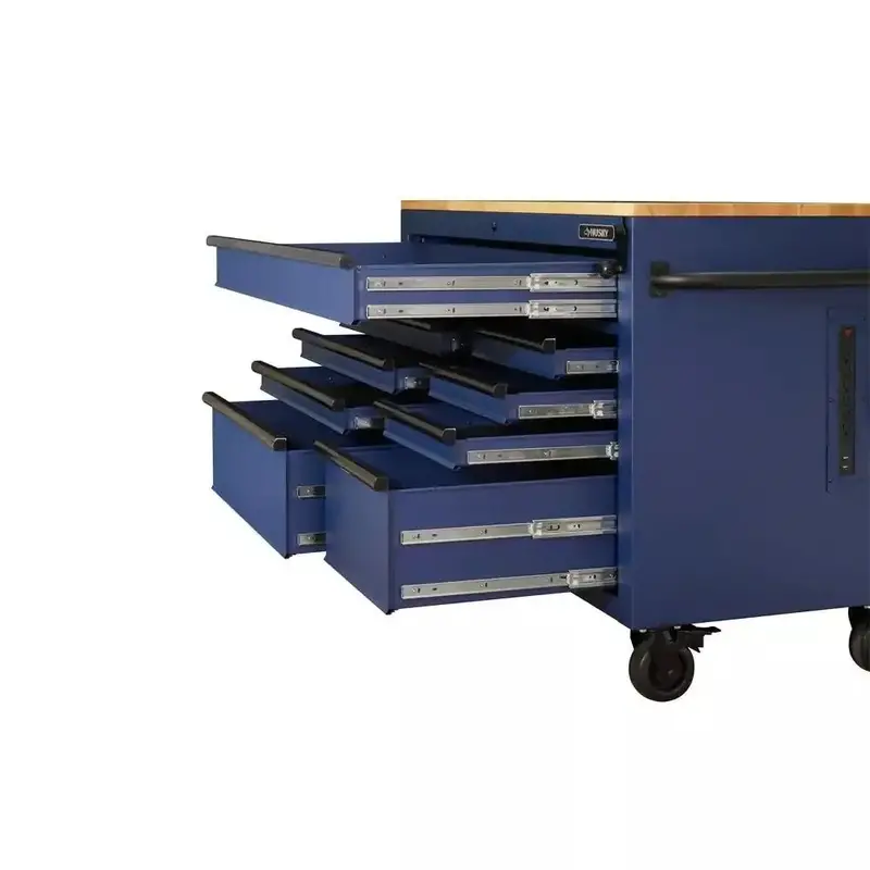 Matte Blue 52-Inch Adjustable Mobile Workbench with 9-Drawer Storage and Solid Wood Surface