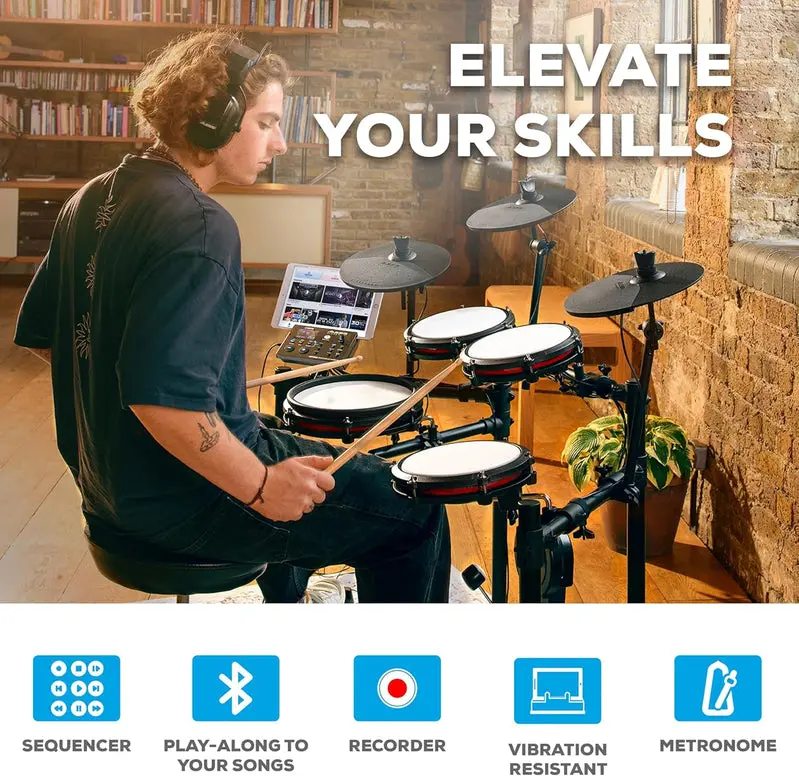 Nitro Max Wireless Electronic Drum Kit – Professional Mesh Drum Pads, Bluetooth Integration, Full-Size Digital Drum Set
