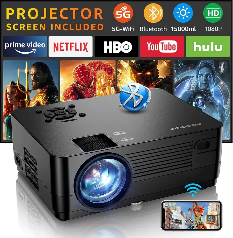 Portable 1080P Mini Smart Projector – 5G WiFi, Bluetooth, Includes Projection Screen