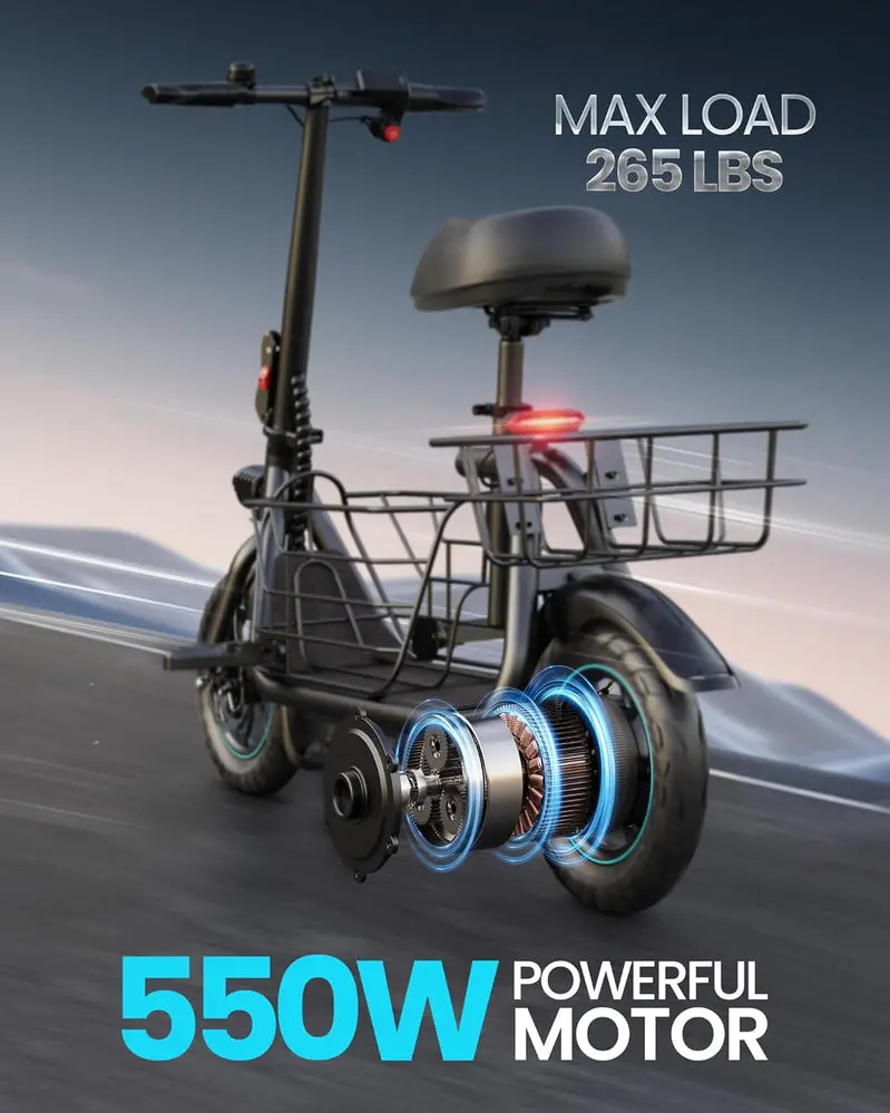 Practical Cargo-Capable Electric Scooter – 550W Motor, Integrated Front Basket, Ideal for Groceries & Errands