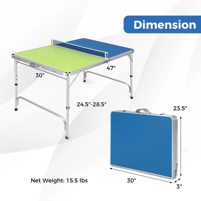 Pre-Assembled Foldable Ping Pong Table – Comes with Adjustable Net and Dual-Color Paddles (47" Blue/Green)