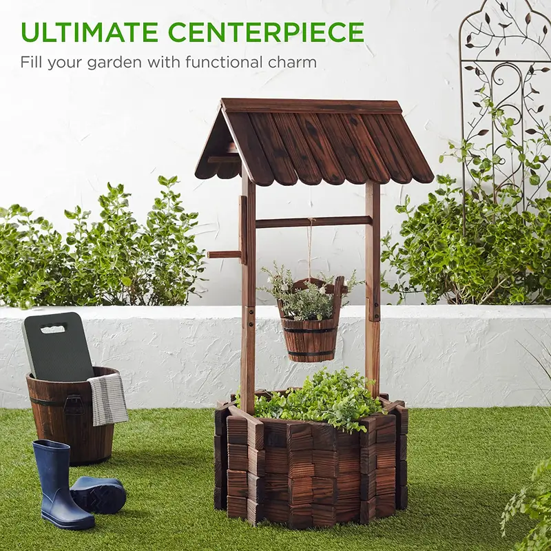 Rustic Wooden Wishing Well Planter with Hanging Bucket – Outdoor Garden & Patio Decor