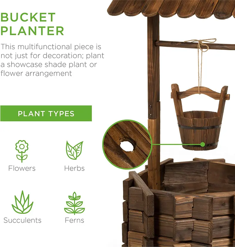 Rustic Wooden Wishing Well Planter with Hanging Bucket – Outdoor Garden & Patio Decor