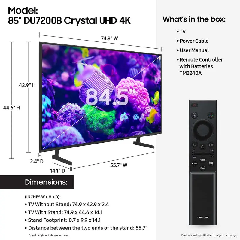 Samsung 85" DU7200B Crystal UHD Smart TV – Motion Xcelerator, Object Tracking Sound Lite, HDR
