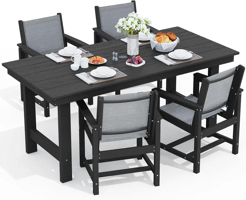 SERWALL Blue HDPE 7-Piece Outdoor Dining Set: Weatherproof Patio Table with Umbrella Hole + Six Stackable Chairs
