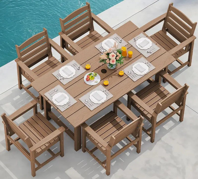 SERWALL Blue HDPE 7-Piece Outdoor Dining Set: Weatherproof Patio Table with Umbrella Hole + Six Stackable Chairs 2
