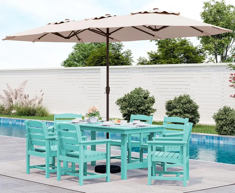 SERWALL Blue HDPE 7-Piece Outdoor Dining Set: Weatherproof Patio Table with Umbrella Hole + Six Stackable Chairs