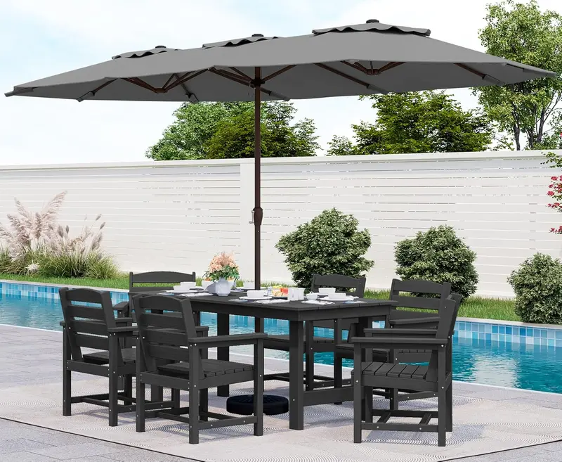 SERWALL Blue HDPE 7-Piece Outdoor Dining Set: Weatherproof Patio Table with Umbrella Hole + Six Stackable Chairs