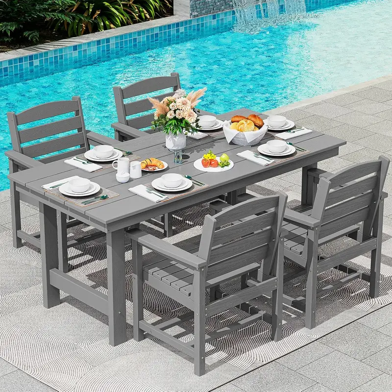 SERWALL Blue HDPE 7-Piece Outdoor Dining Set: Weatherproof Patio Table with Umbrella Hole + Six Stackable Chairs