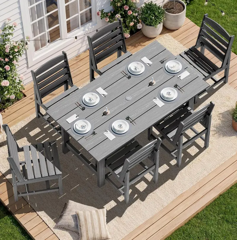 SERWALL Blue HDPE 7-Piece Outdoor Dining Set: Weatherproof Patio Table with Umbrella Hole + Six Stackable Chairs