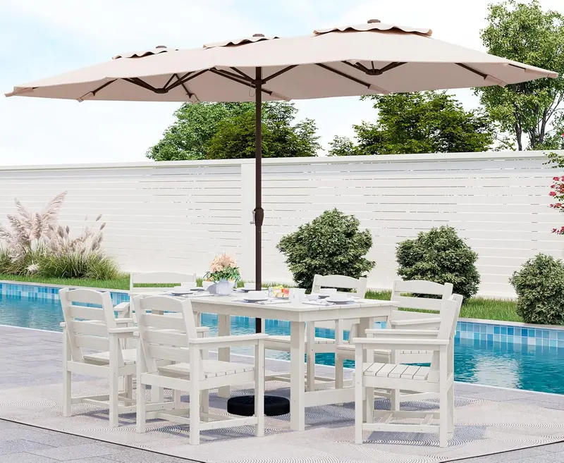 SERWALL Blue HDPE 7-Piece Outdoor Dining Set: Weatherproof Patio Table with Umbrella Hole + Six Stackable Chairs