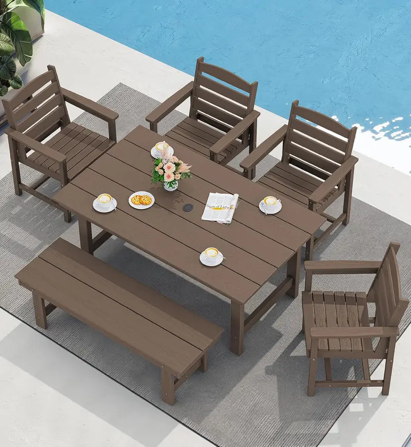 SERWALL Blue HDPE 7-Piece Outdoor Dining Set: Weatherproof Patio Table with Umbrella Hole + Six Stackable Chairs